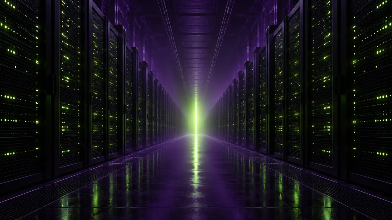 A corridor of server racks lit in violet and lime