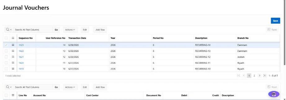 Journal vouchers screen in Smart ERP