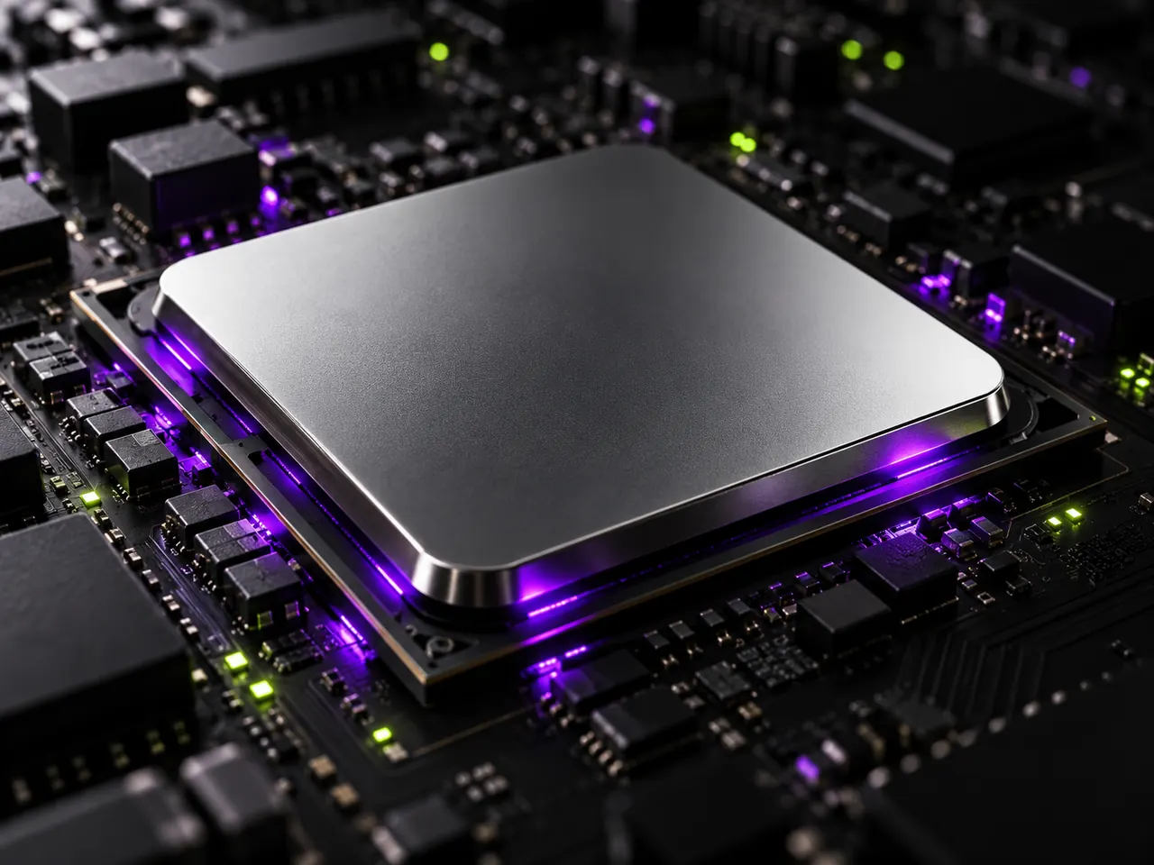 A processor on a circuit board, lit in violet and lime
