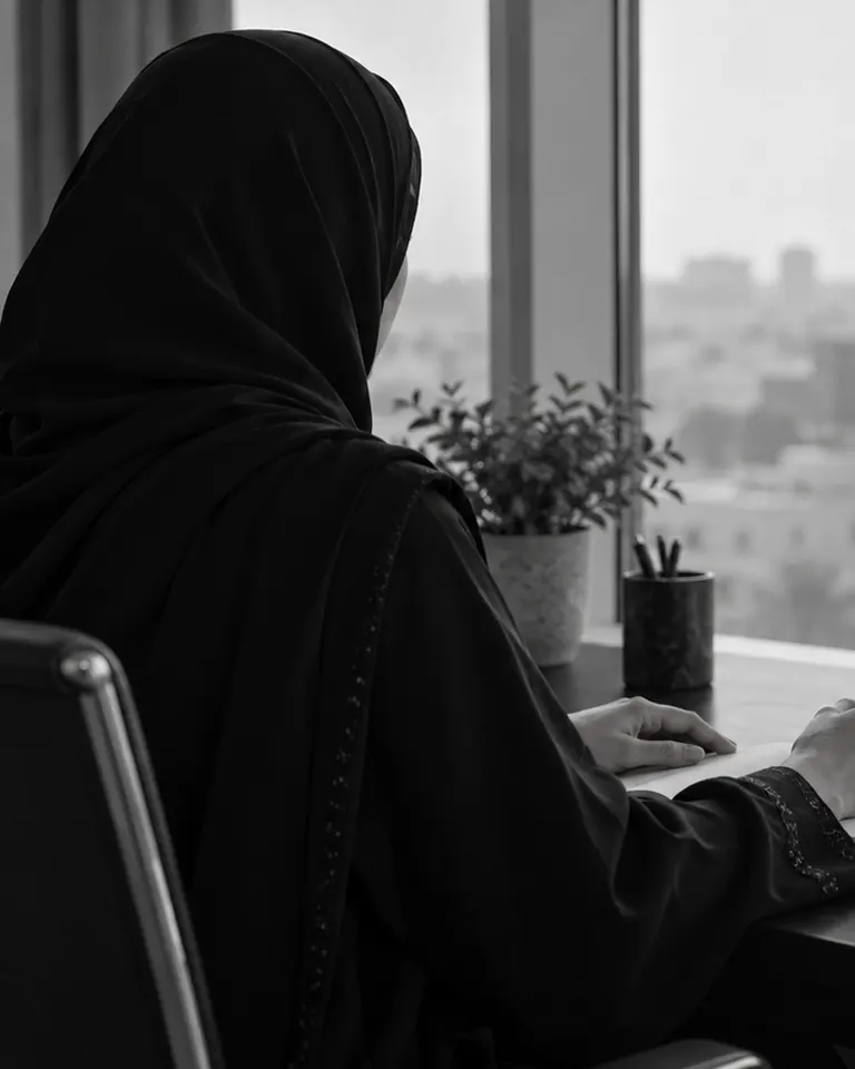 A professional taking notes at a desk overlooking Riyadh