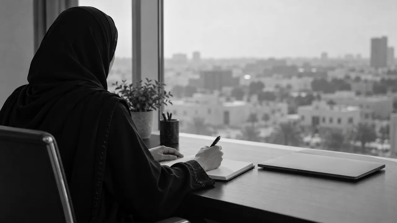 A professional writing at a desk by a window over the city
