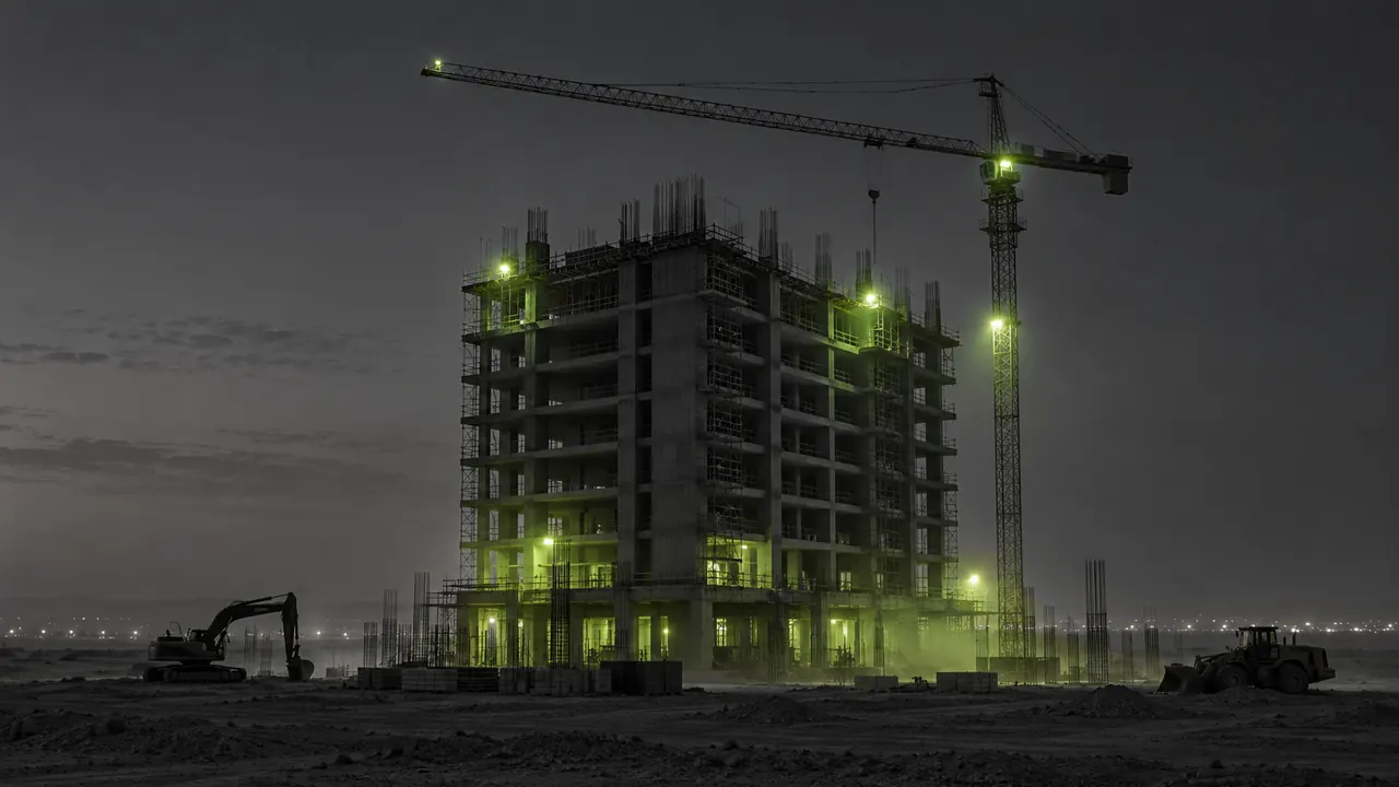 A building under construction at dusk with a crane