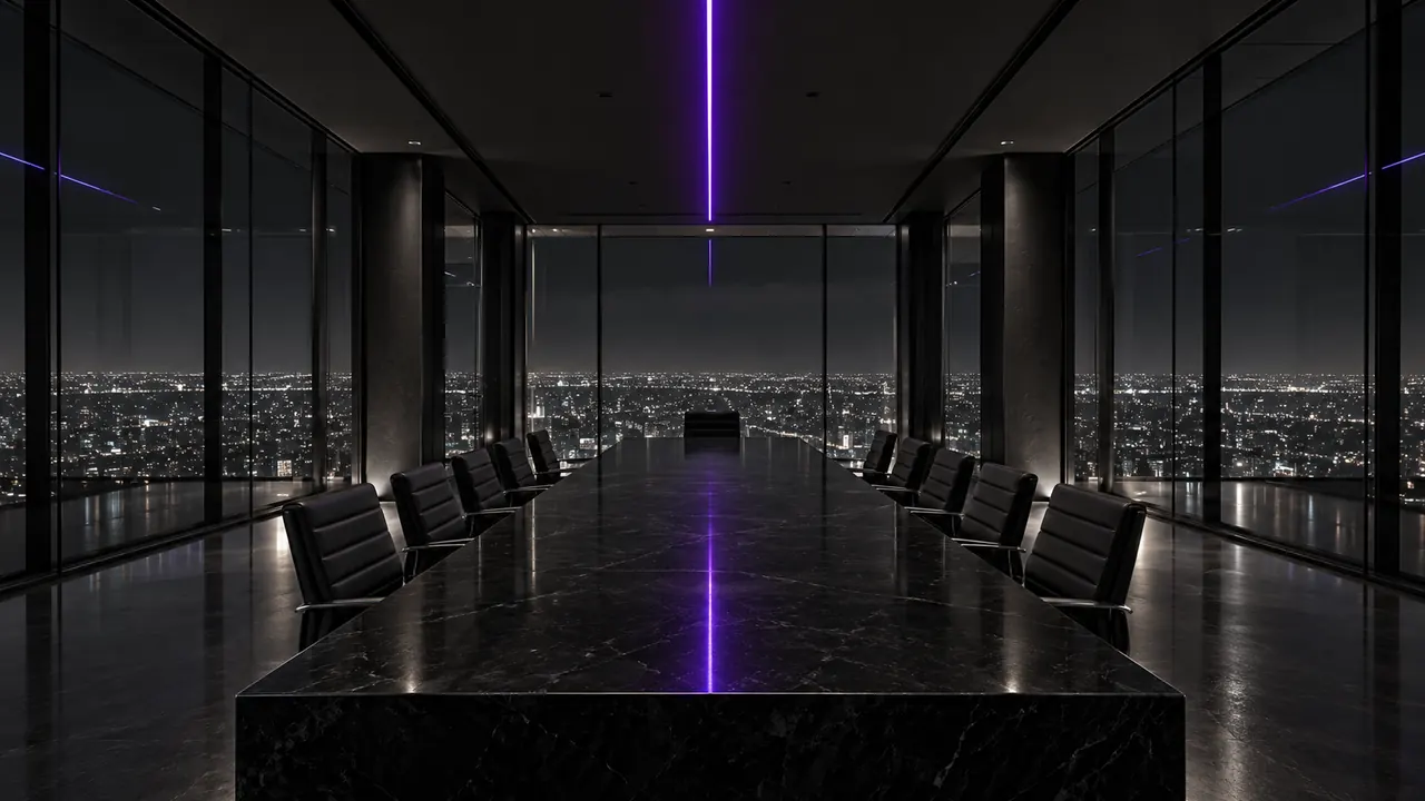 An empty boardroom at night above the city