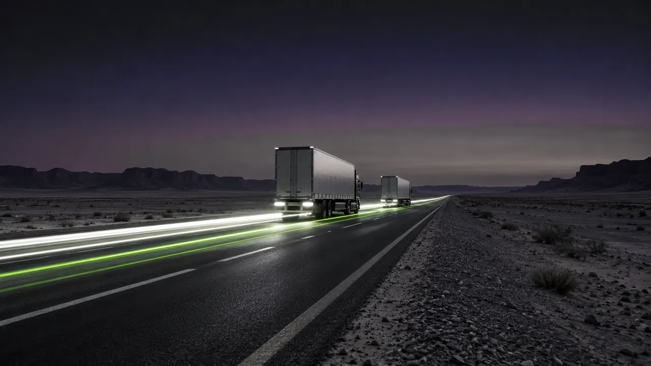 Trucks on a desert highway at dusk with light trails