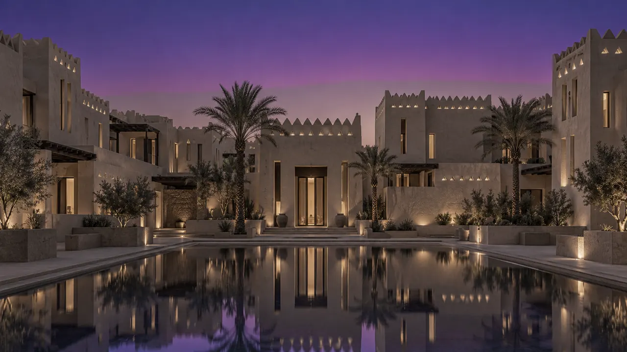 A Najdi-style residential project at dusk reflected in a pool